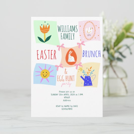 Easter Egg Hunt Wavy Checkerboard Bunny Brunch Bow 招待状 (スタンド正面)