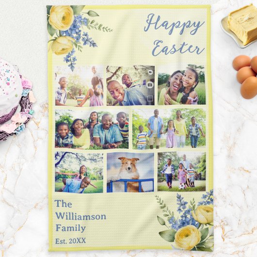 Easter Family Photo Collage Spring Flowers Yellow キッチンタオル