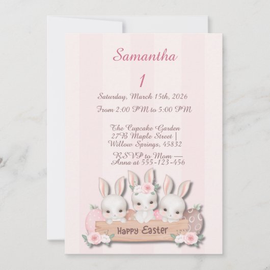 Easter First Birthday Invite - Kawaii Bunnies 招待状 (正面)