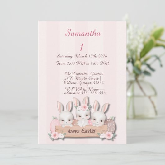 Easter First Birthday Invite - Kawaii Bunnies  招待状 (スタンド正面)