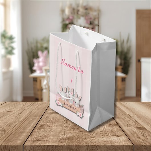 Easter Gift Bag - Kawaii Bunnies & Pastel Roses ミディアムペーパーバッグ