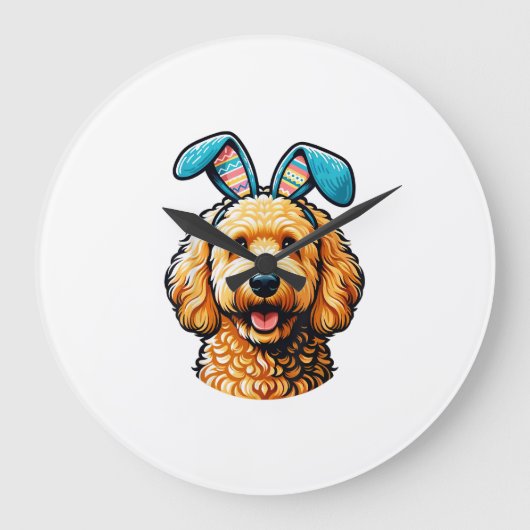 Easter Goldendoodle Dog Wearing Bunny Ears, Easter ラージ壁時計 (正面)