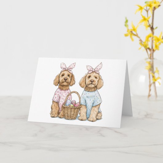 Easter Goldendoodle Dogs カード (黄色い花)
