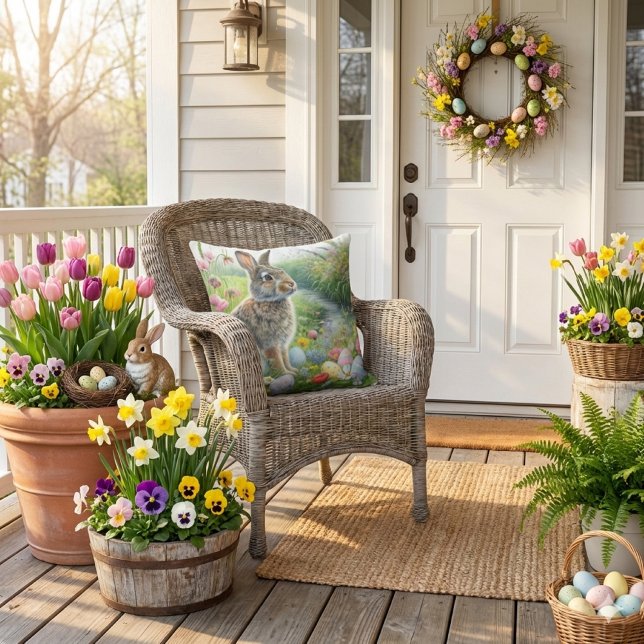 Easter Holiday Rabbit Nature  アウトドアクッション (spring season porch or patio outdoor pillow. )