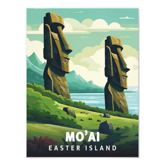 Easter Island - Mo'ai - Vintage Poster フォトプリント (正面)
