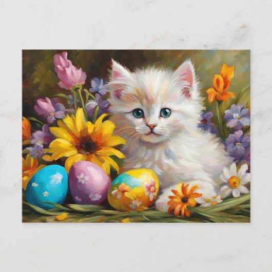 Easter Kitten with Flowers and Painted Eggs  シーズンポストカード (正面)
