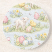 Easter Lamb And Chick Watercolor Floral Spring コースター (正面)