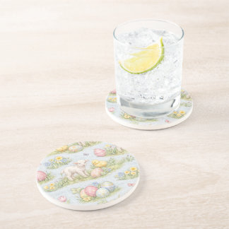 Easter Lamb And Chick Watercolor Floral Spring コースター