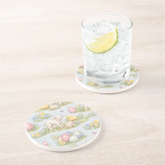Easter Lamb And Chick Watercolor Floral Spring コースター (側面)
