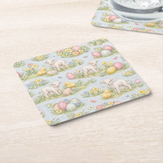 Easter Lamb And Chick Watercolor Floral Spring スクエアペーパーコースター (アングル)
