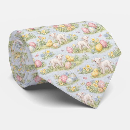 Easter Lamb And Chick Watercolor Floral Spring ネクタイ (ロール)