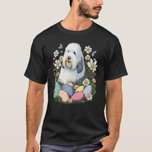 Easter Old English Sheepdog Bunny Eggs Dog on East Tシャツ (正面)