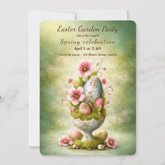 Easter Party Invitation Floral Eggs Garden Spring 招待状 (正面)