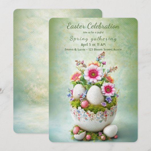 Easter Party Invitation Floral Eggs Spring Elegant 招待状 (正面/裏面)