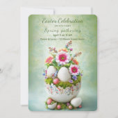 Easter Party Invitation Floral Eggs Spring Elegant 招待状 (正面)