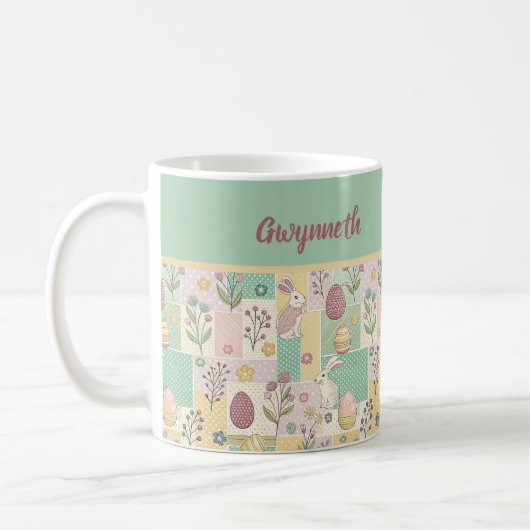 Easter Patchwork Pastel Bunnies Eggs and Gingham コーヒーマグカップ (左)