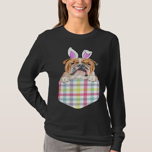 Easter Plaid Bulldog Bunny Dog In Pocket Tシャツ (正面)