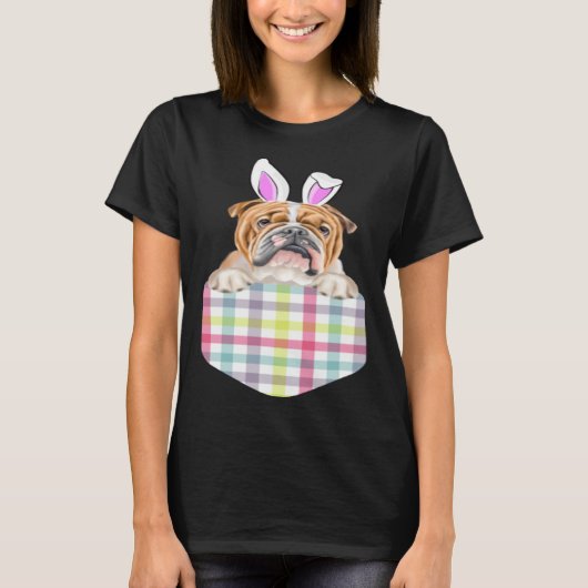 Easter Plaid Bulldog Bunny Dog In Pocket Tシャツ (正面)