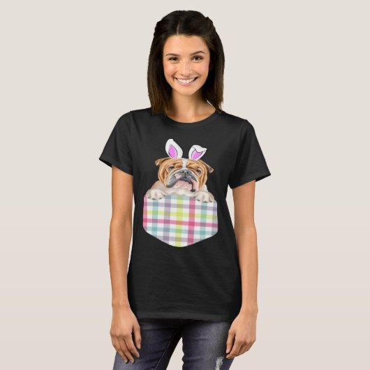 Easter Plaid Bulldog Bunny Dog In Pocket Tシャツ (正面フル)