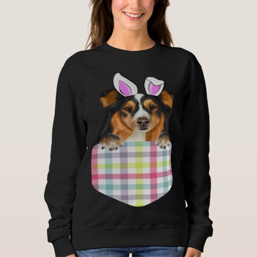 Easter Plaid Shetland Sheepdog Bunny Dog In Pocket スウェットシャツ (正面)