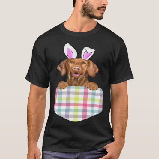 Easter Plaid Vizsla Bunny Dog In Pocket Tシャツ (正面)