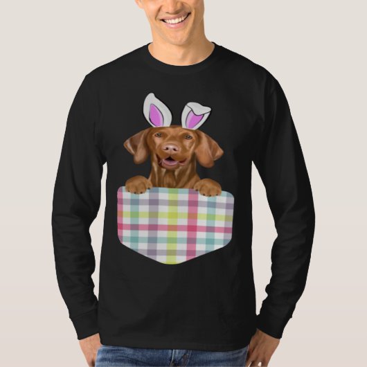 Easter Plaid Vizsla Bunny Dog In Pocket Tシャツ (正面)