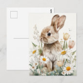Easter Postcard with Flowers and Easter Bunny ポストカード (正面/裏面)