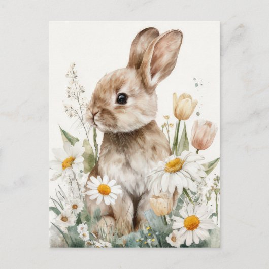 Easter Postcard with Flowers and Easter Bunny ポストカード (正面)