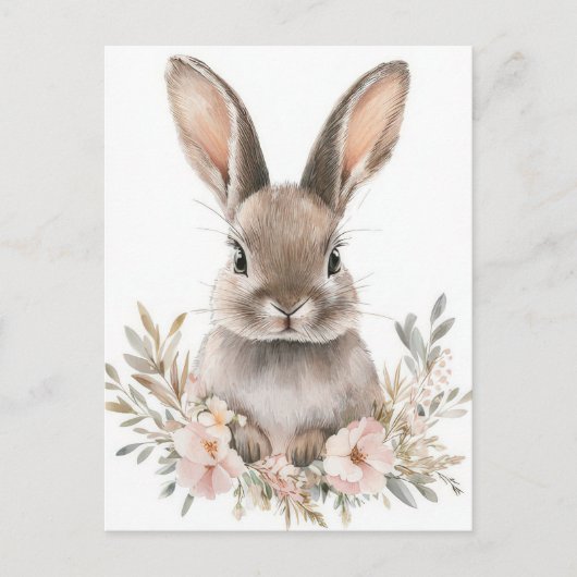 Easter Postcard with Flowers and Easter Bunny ポストカード (正面)