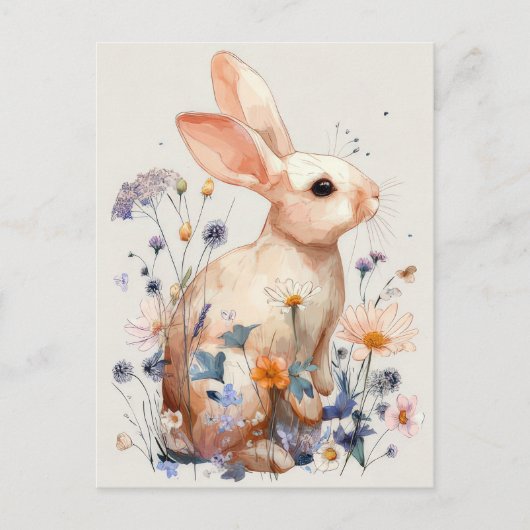 Easter Postcard with Flowers and Easter Bunny ポストカード (正面)