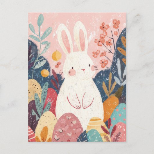 Easter Postcard with Flowers and Easter Bunny ポストカード (正面)