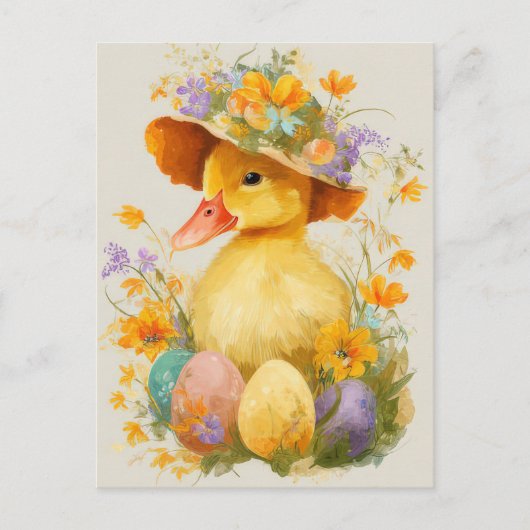 Easter Postcard with Flowers and Easter Duckling ポストカード (正面)