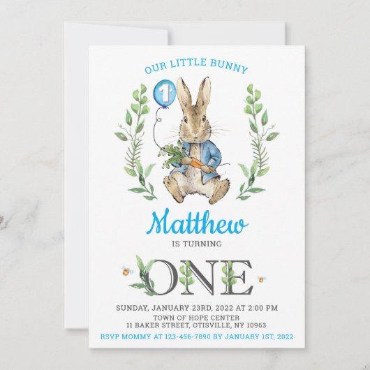 Easter Rabbit Bunny Boy 1st Birthday Invitation 招待状 (正面)