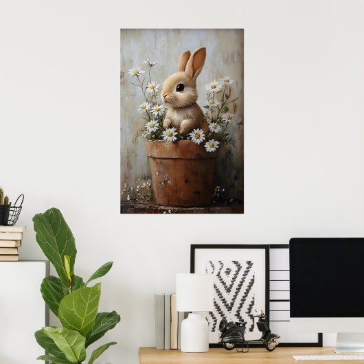 Easter Rabbit Bunny In Flower Pot Print, Rustic ポスター (ホームオフィス)
