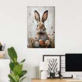 Easter Rabbit Bunny In Flower Print, Rustic Easter ポスター (ホームオフィス)