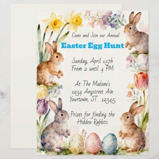 Easter Rabbits Eggs & Flowers Egg Hunt Invitation (正面/裏面)