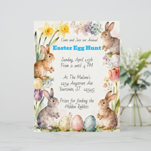 Easter Rabbits Eggs & Flowers Egg Hunt Invitation (スタンド正面)