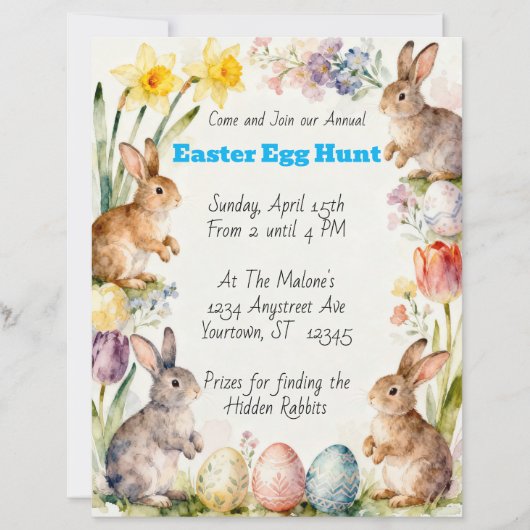 Easter Rabbits Eggs & Flowers Egg Hunt Invitation (正面)
