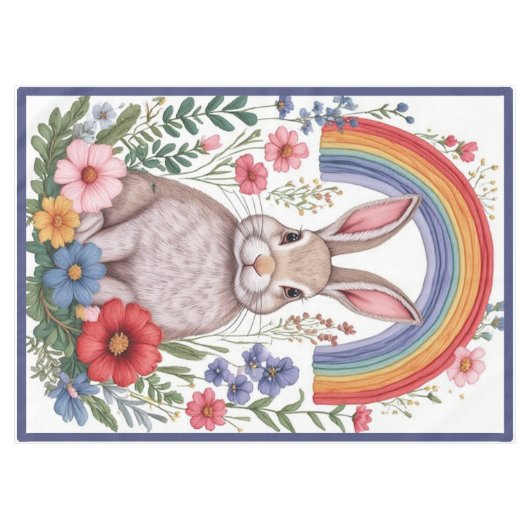 Easter Rainbow Meadow Spring Flowers Wild Rabbit テーブルクロス (正面(横))