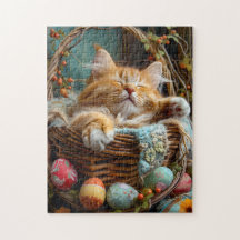 Easter Season Cute Cat Sleeping in Wicker Basket