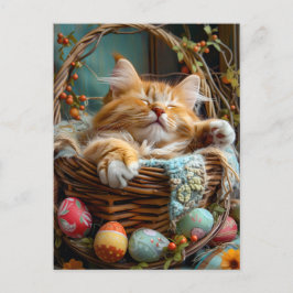 Easter Season Cute Cat Sleeping in Wicker Basket ポストカード