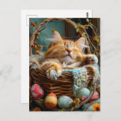 Easter Season Cute Cat Sleeping in Wicker Basket ポストカード (正面/裏面)
