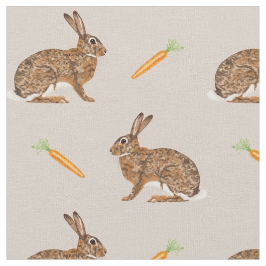 Easter Spring Hare Bunnies And Carrots On Beige ファブリック (クローズアップ)