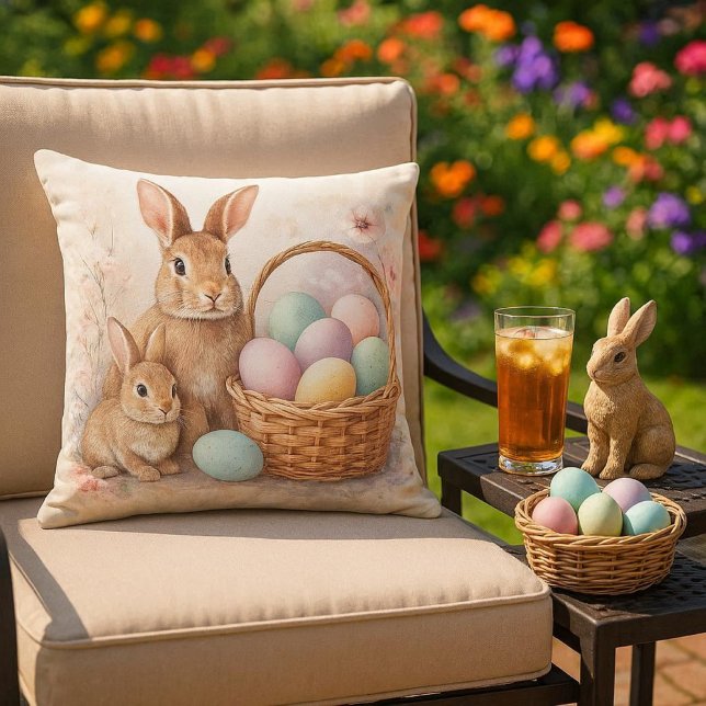 Easter / Spring  Rabbit & Colored Eggs  アウトドアクッション (Outdoor living space decor...Easter throw pillow with Rabbit and Eggs.  Mockup )