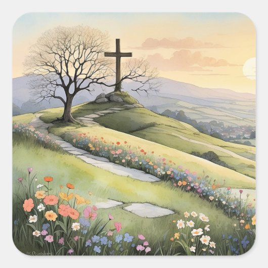 Easter sunrise art illustration スクエアシール (正面)