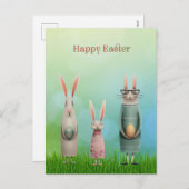 Easter Three Bunnies in Grass Card シーズンポストカード (正面/裏面)
