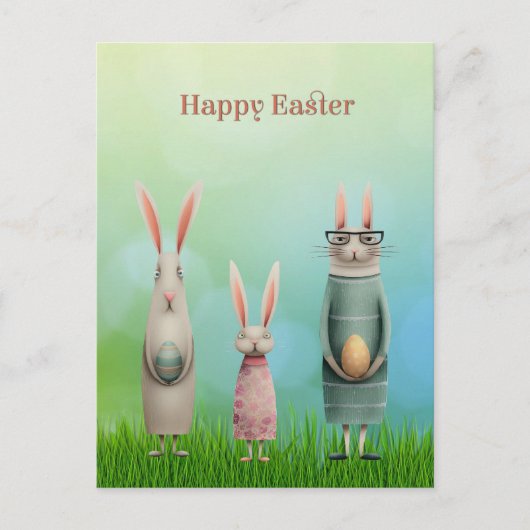 Easter Three Bunnies in Grass Card シーズンポストカード (正面)