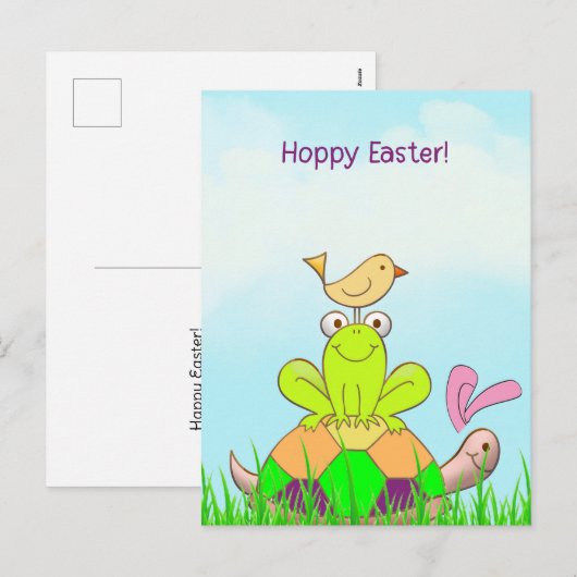Easter Turtle and Frog and Bird in Grass Postcard シーズンポストカード (正面/裏面)