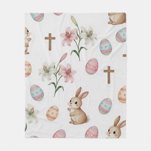 Easter Whimsy – Seamless Bunny & Lily Pattern フリースブランケット (正面)