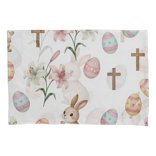 Easter Whimsy – Seamless Bunny & Lily Pattern 枕カバー (正面)